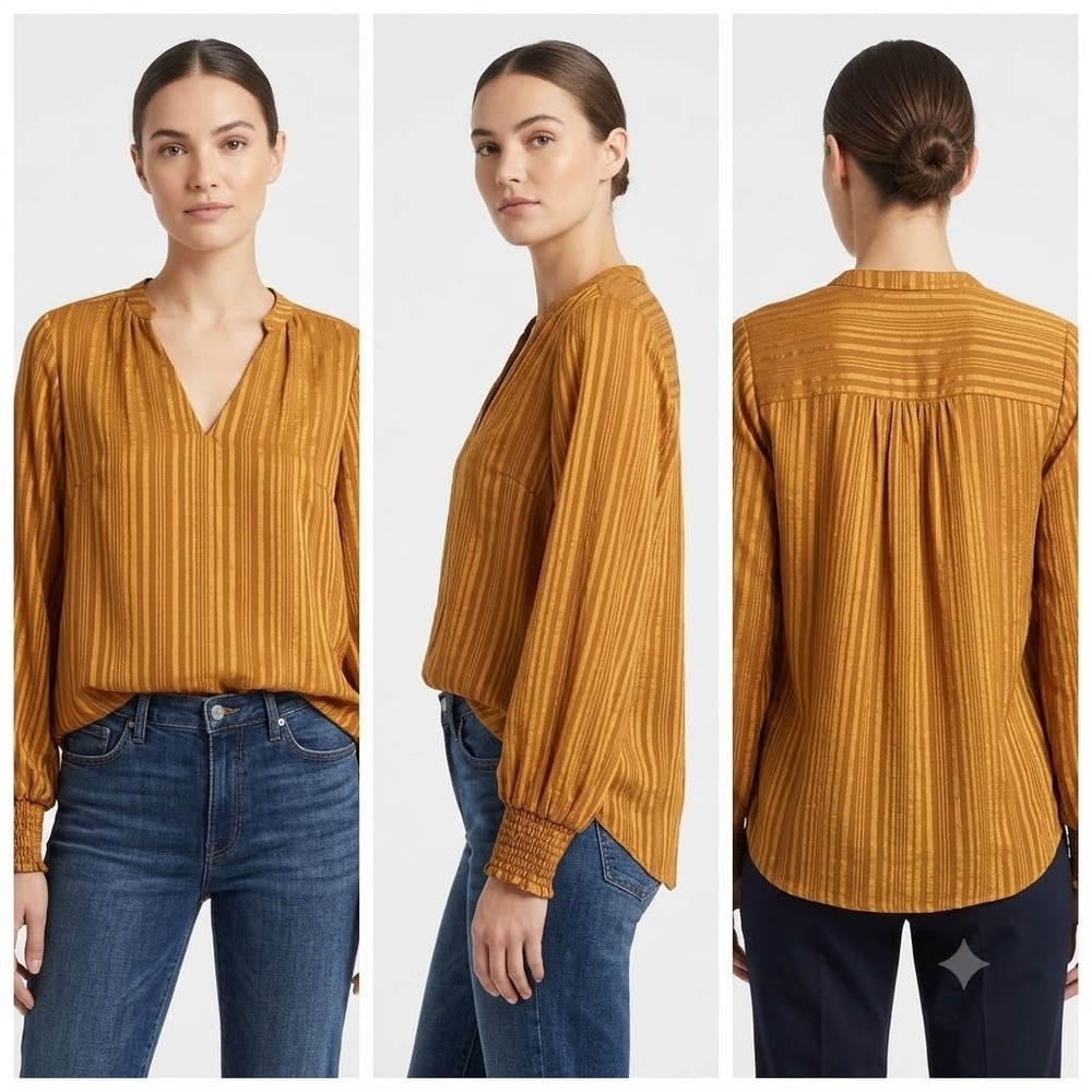 Soft Surroundings Blouse Top Womens XS Mustard Yellow Balloon Sleeve Striped